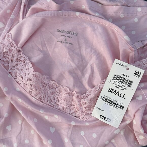 NWT State Of Day Women 2-pc Pajama Set Pink With White Dots Hearts Lace Trim S - Picture 3 of 3